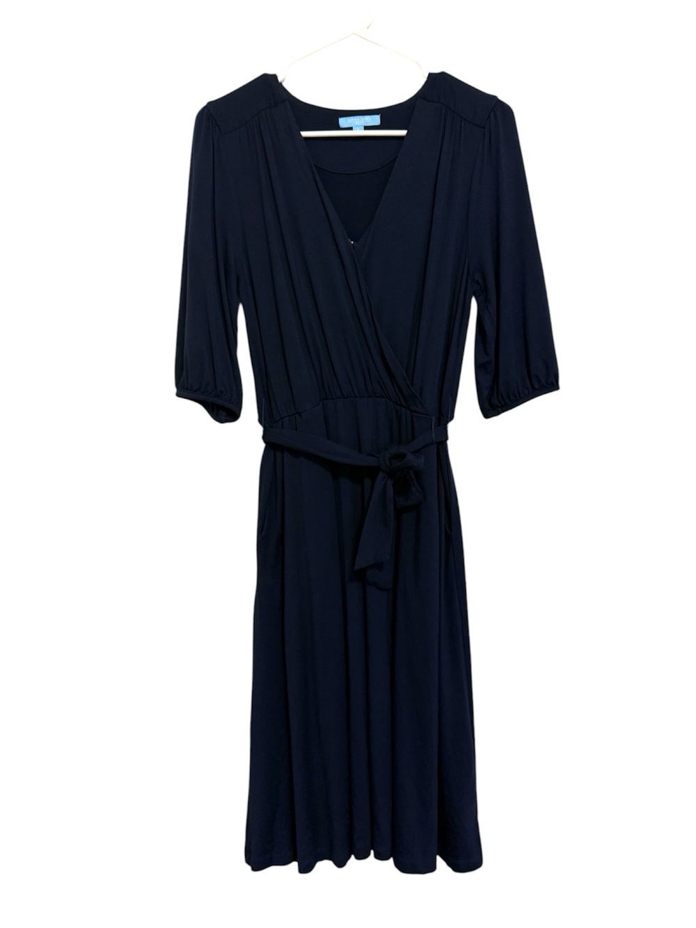 Draper James RSVP Navy Faux Wrap Midi Dress Size Small Pockets Tie Waist